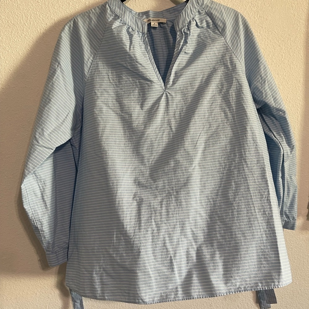 Madewell Powder Blue Striped Cotton Bow Sleeve Top - Picture 3 of 6